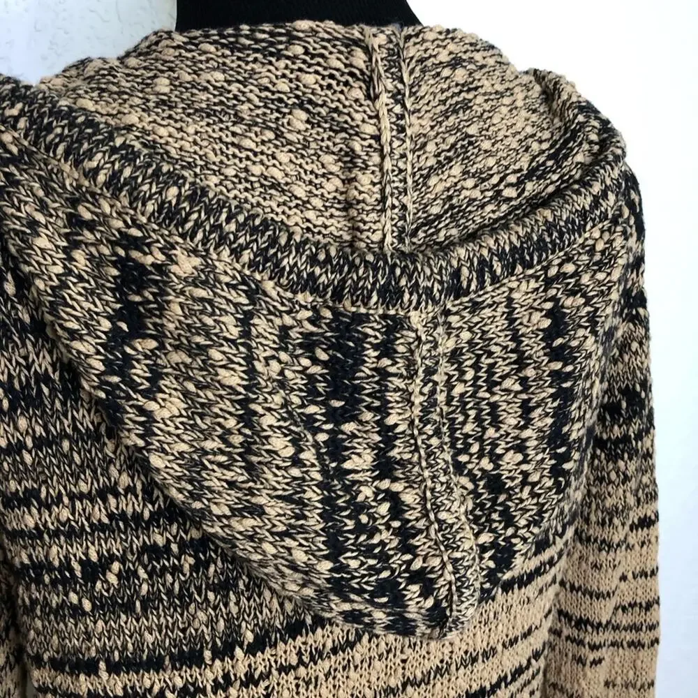 J Crew tan black striped knot knit hooded sweater size XXS